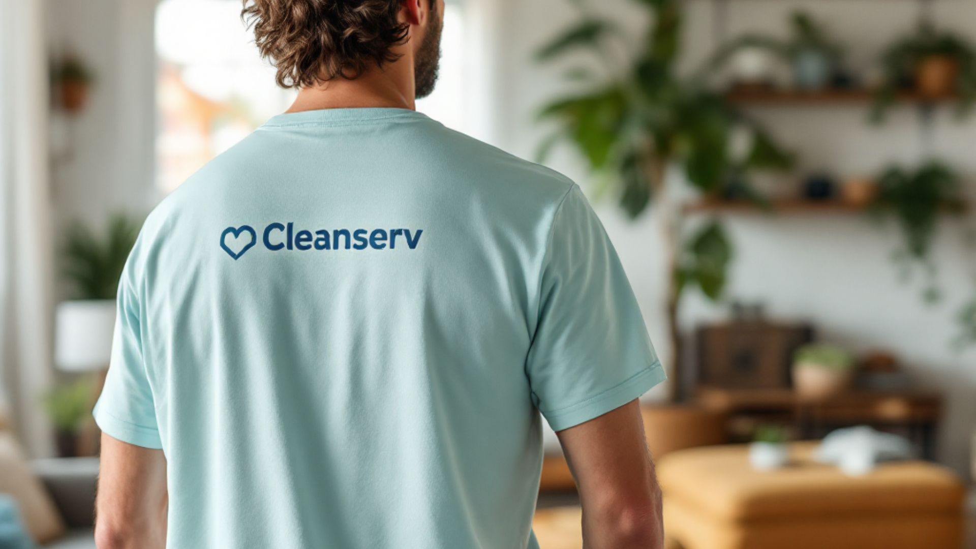 A person wearing a light blue Cleanserv-branded T-shirt, seen from the back, standing in a well-decorated bnb space