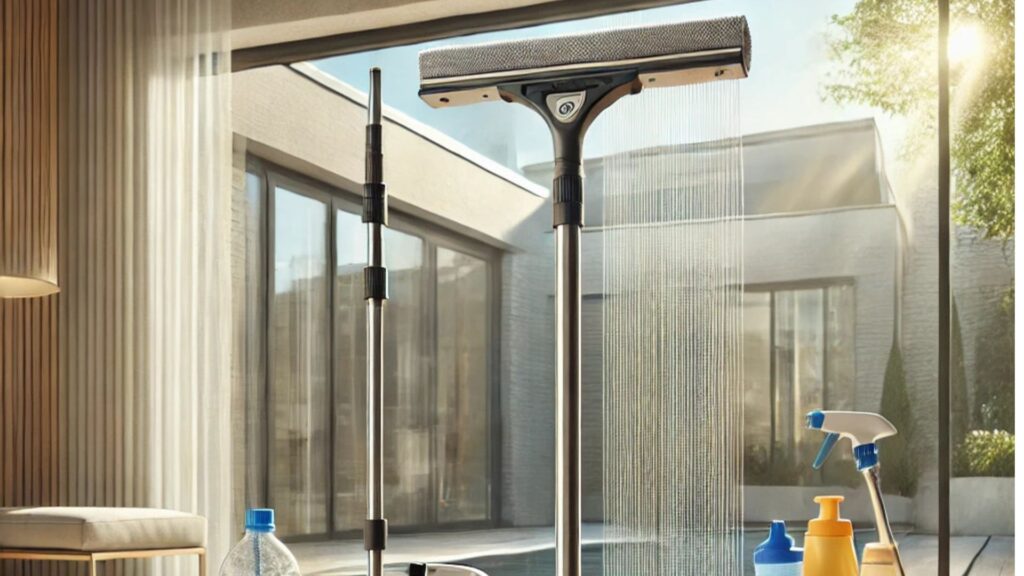 A detailed illustration of the best window cleaning equipment for residential homes, including squeegees, microfiber cloths, extension poles, and cleaning solutions